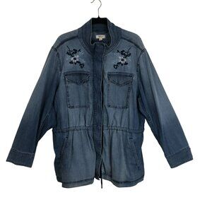 Style & Co Denim Jacket Embroidered  3X Long Sleeve Pockets & Drawstring Waist